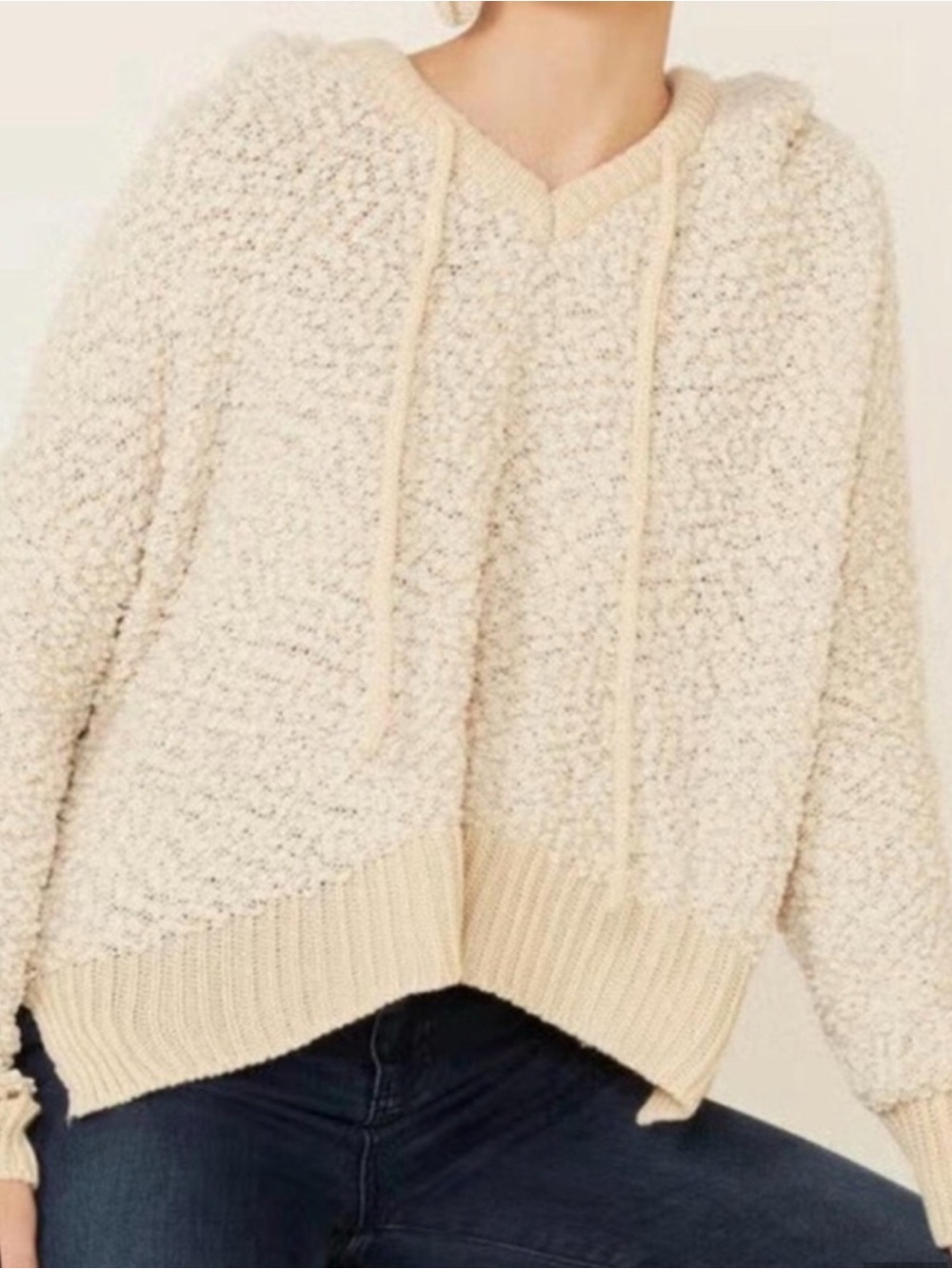 POL Cream Popcorn-Knit Hooded Sweater Oversized Medium Missing string - Picture 3 of 9